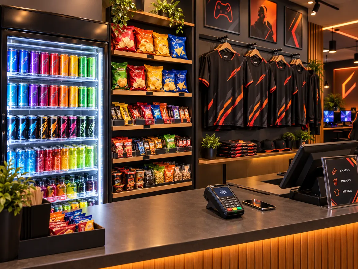Venue counter with drinks, snacks and jerseys