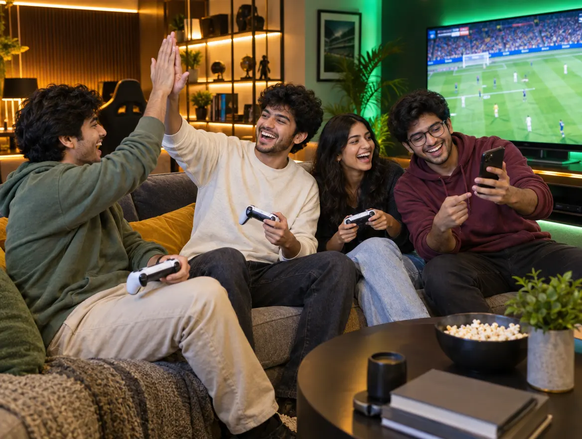 Friends playing together on a sofa
