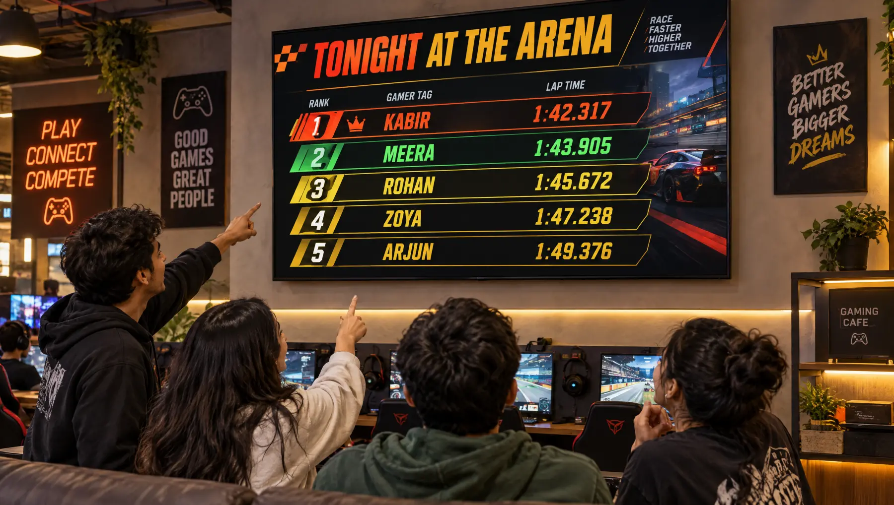 A leaderboard on the venue's wall TV with players pointing at it